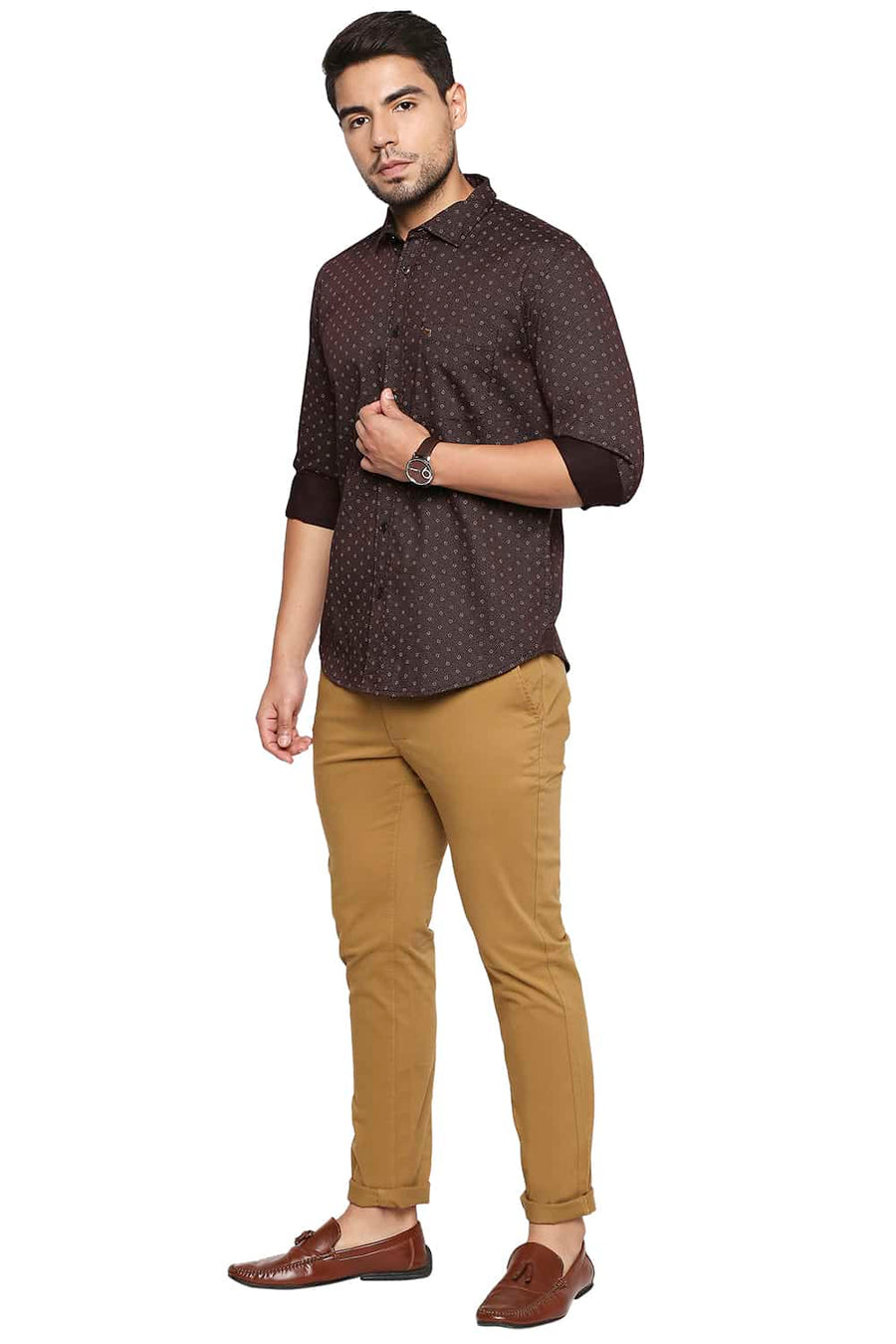 BASICS SLIM FIT CHOCOLATE BROWN PRINTED SHIRT