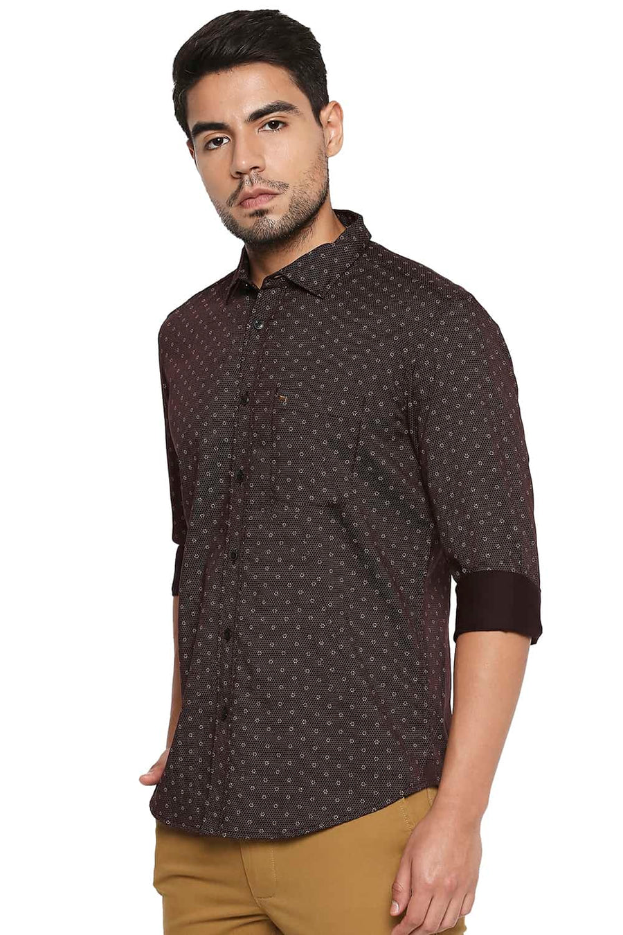 BASICS SLIM FIT CHOCOLATE BROWN PRINTED SHIRT