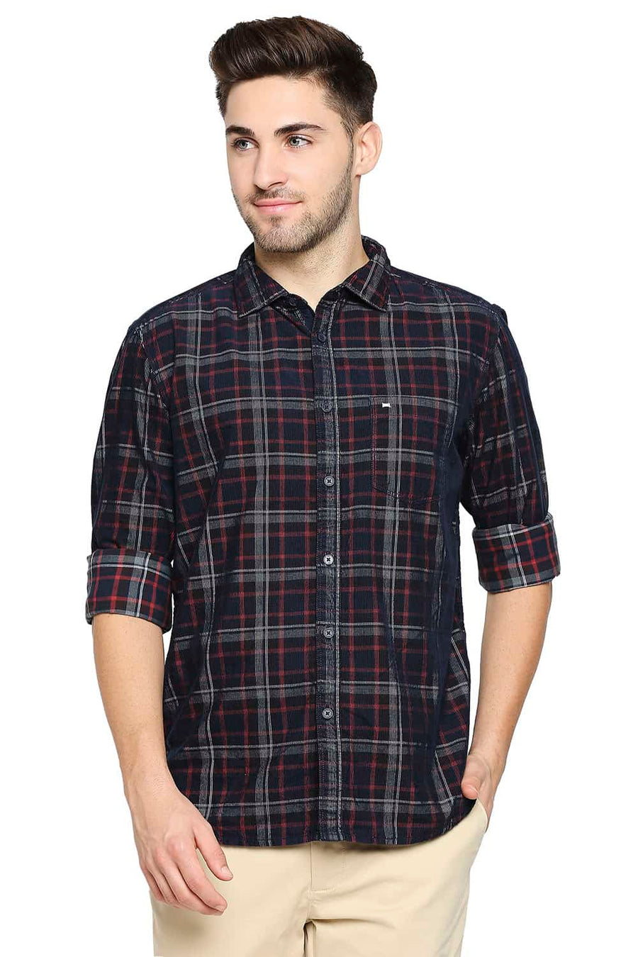 BASICS SLIM FIT COCOA BROWN CORDUROY CHECKS SHIRT