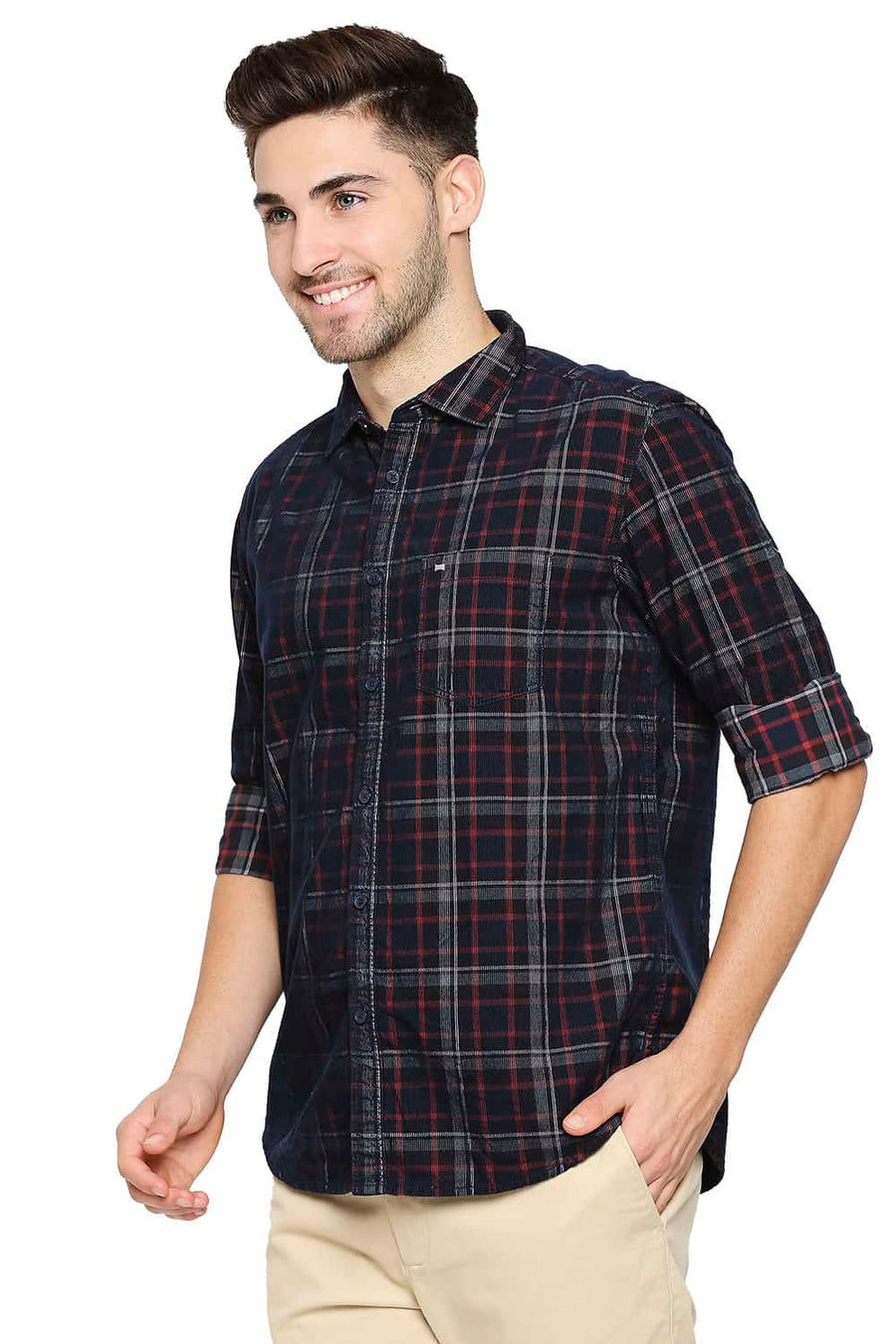 BASICS SLIM FIT COCOA BROWN CORDUROY CHECKS SHIRT