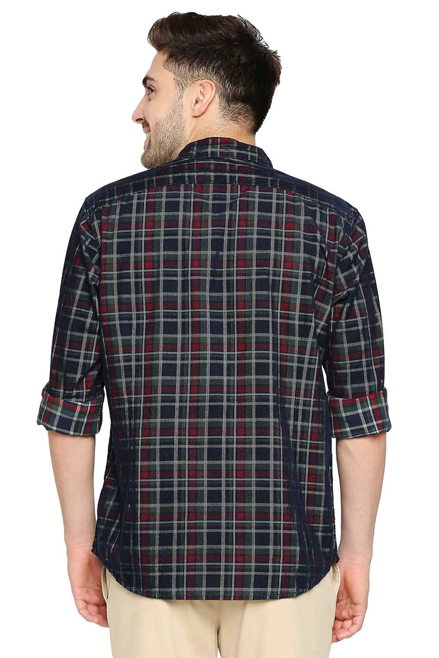 BASICS SLIM FIT ELM GREEN CORDUROY CHECKS SHIRT