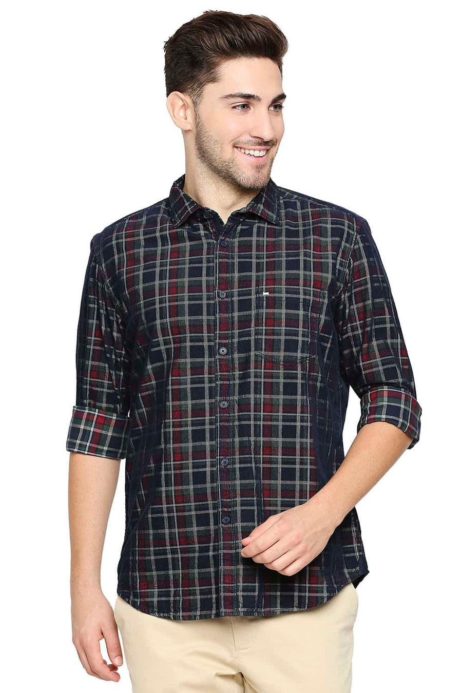 BASICS SLIM FIT ELM GREEN CORDUROY CHECKS SHIRT