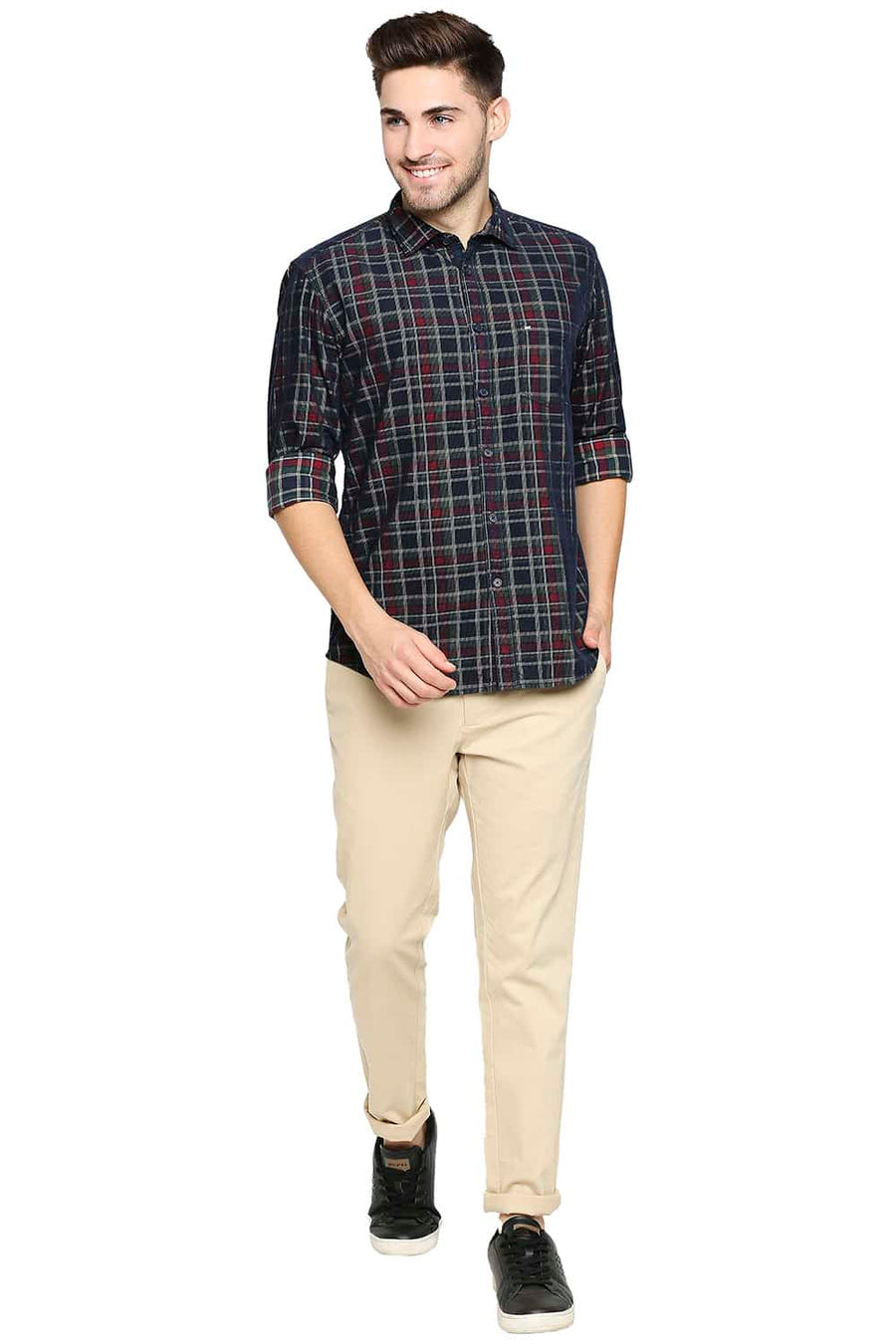 BASICS SLIM FIT ELM GREEN CORDUROY CHECKS SHIRT