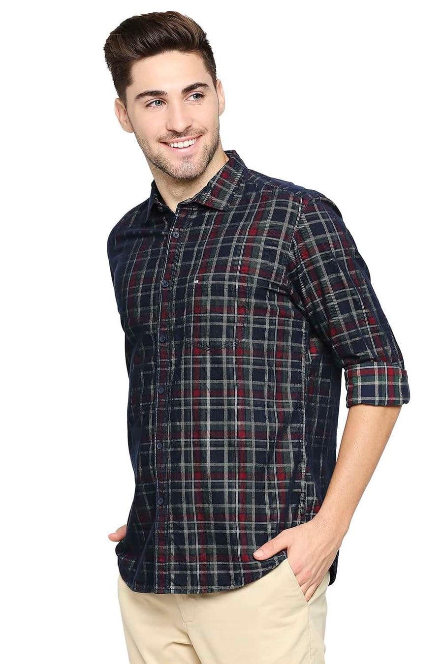 BASICS SLIM FIT ELM GREEN CORDUROY CHECKS SHIRT