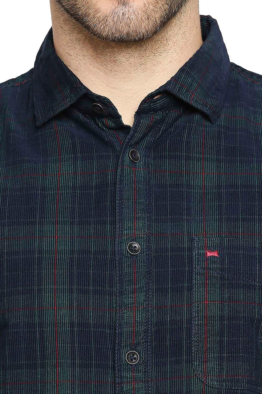 BASICS SLIM FIT FORSTY GREEN CORDUROY CHECKS SHIRT
