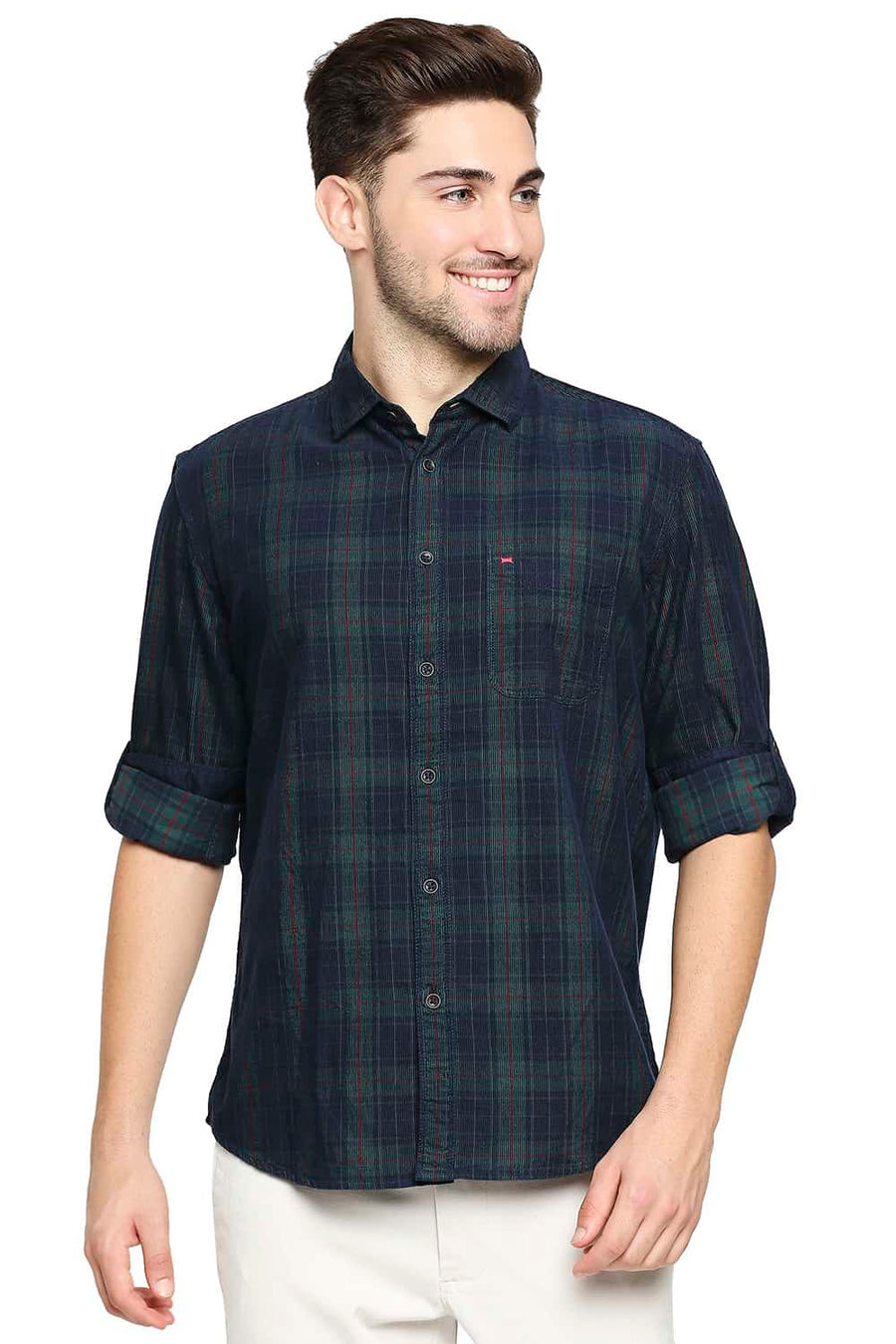 BASICS SLIM FIT FORSTY GREEN CORDUROY CHECKS SHIRT