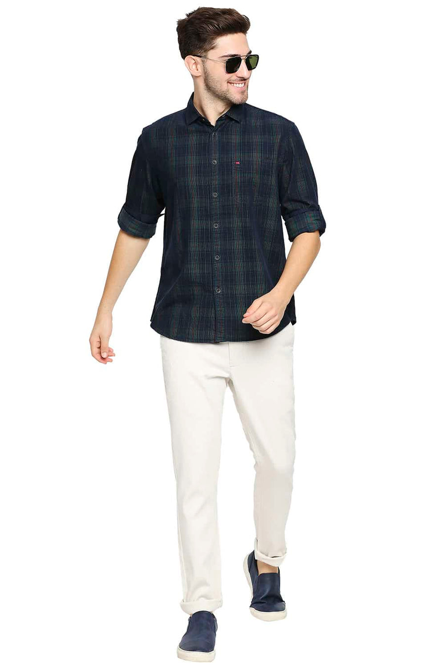 BASICS SLIM FIT FORSTY GREEN CORDUROY CHECKS SHIRT