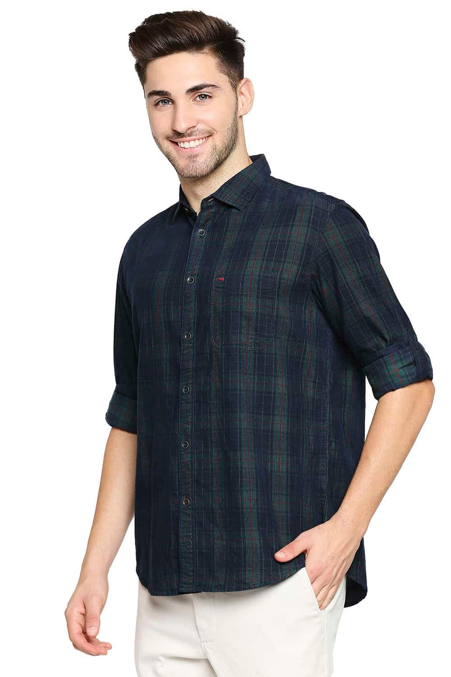 BASICS SLIM FIT FORSTY GREEN CORDUROY CHECKS SHIRT