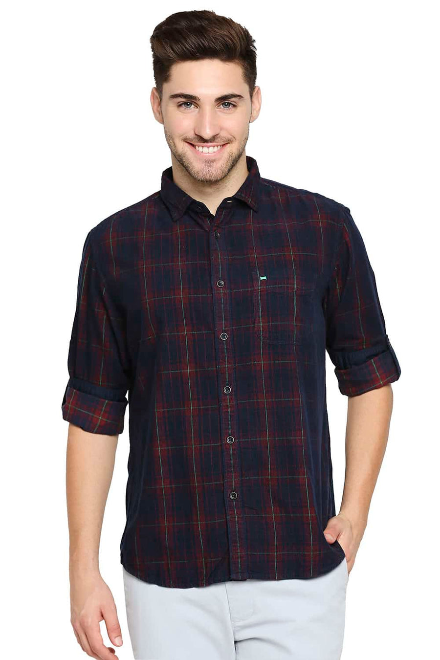 BASICS SLIM FIT JESTER RED CORDUROY CHECKS SHIRT