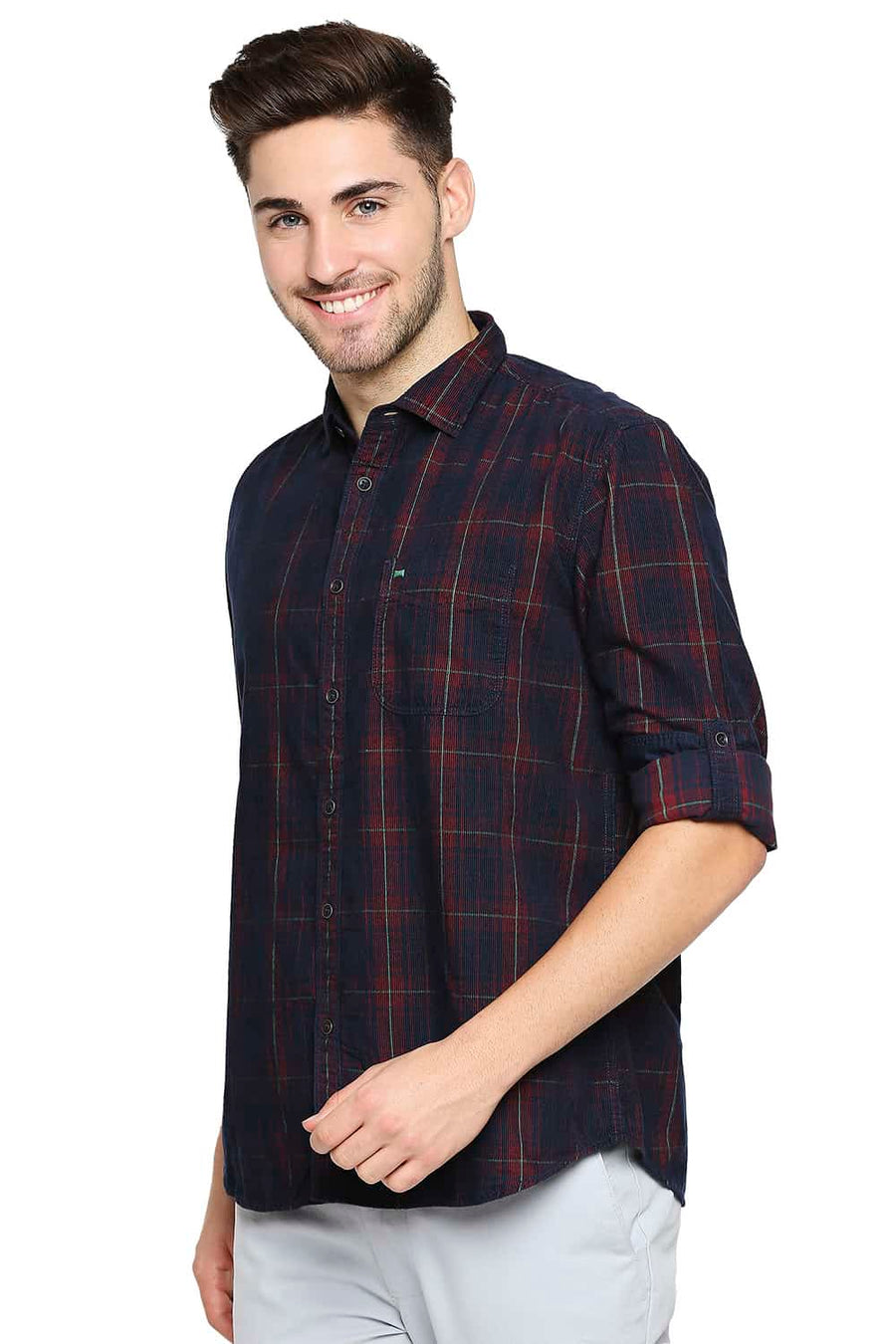 BASICS SLIM FIT JESTER RED CORDUROY CHECKS SHIRT