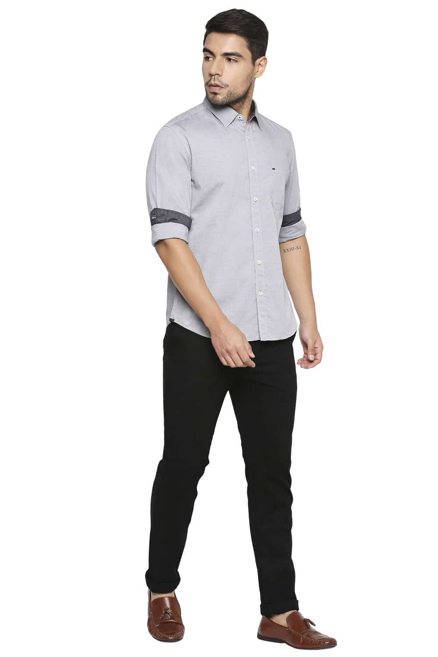 BASICS SLIM FIT NATURAL GREY OXFORD SHIRT