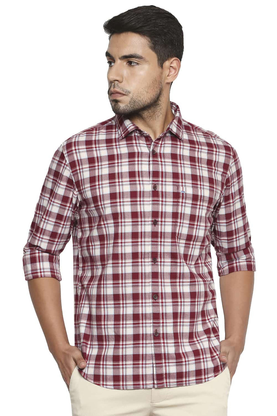 BASICS SLIM FIT RUMBA RED CHECKS SHIRT