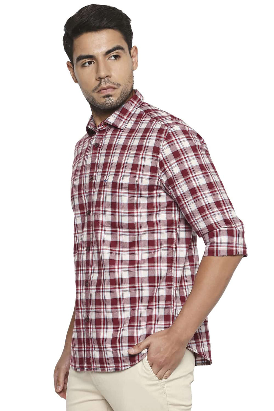 BASICS SLIM FIT RUMBA RED CHECKS SHIRT