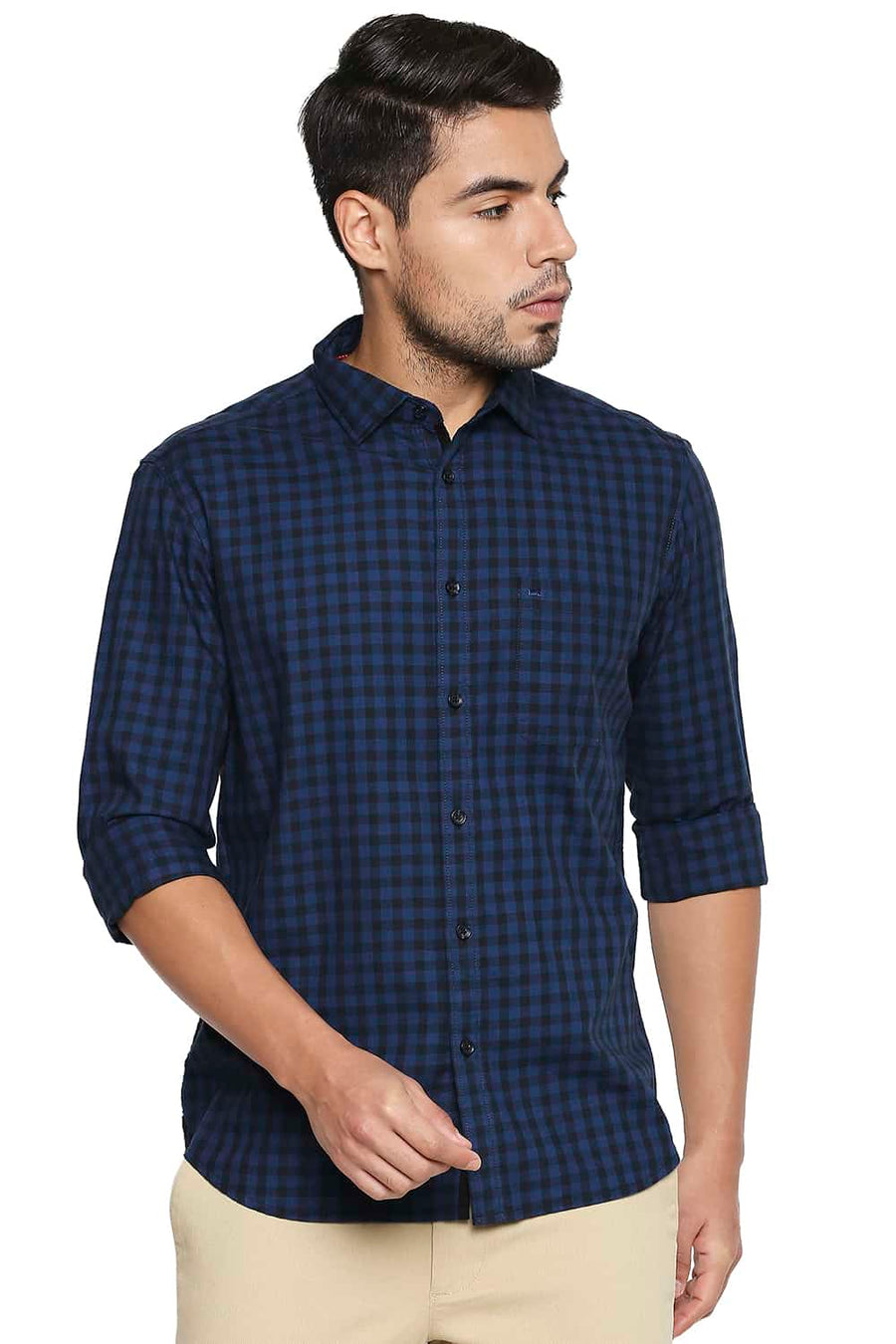 BASICS SLIM FIT COBALT BLUE CHECKS SHIRT