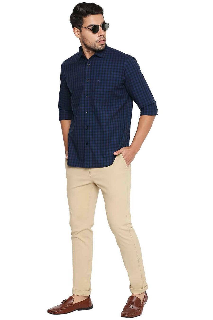 BASICS SLIM FIT COBALT BLUE CHECKS SHIRT