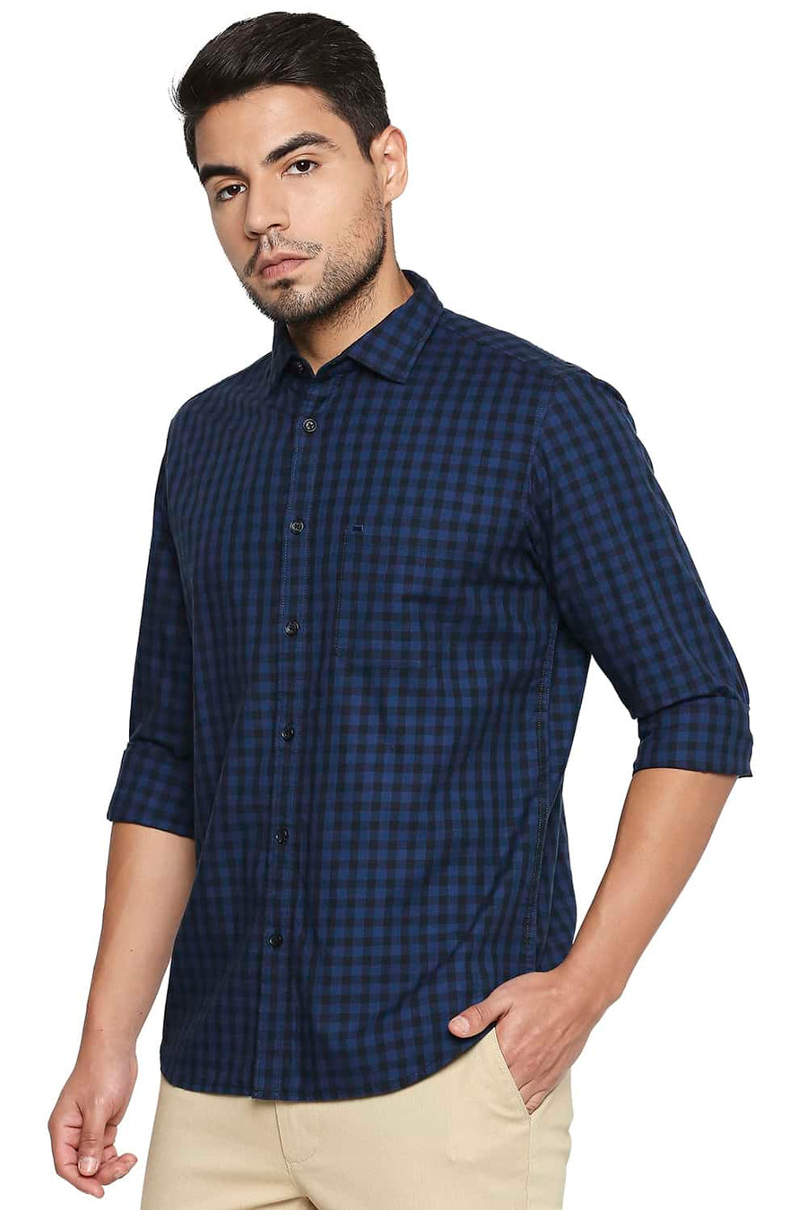 BASICS SLIM FIT COBALT BLUE CHECKS SHIRT
