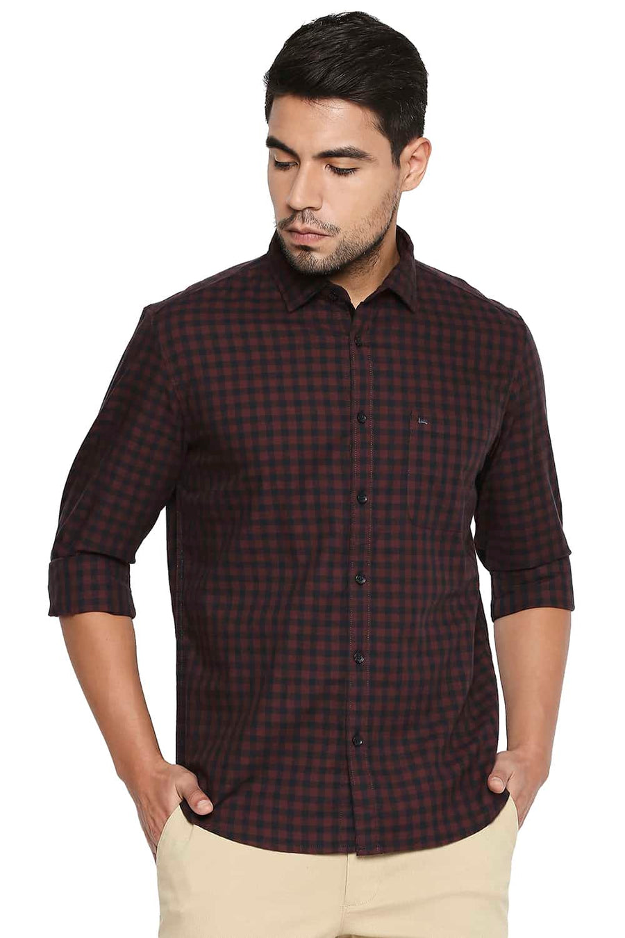 BASICS SLIM FIT RUBY MAROON CHECKS SHIRT