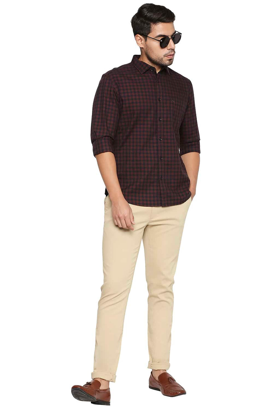 BASICS SLIM FIT RUBY MAROON CHECKS SHIRT