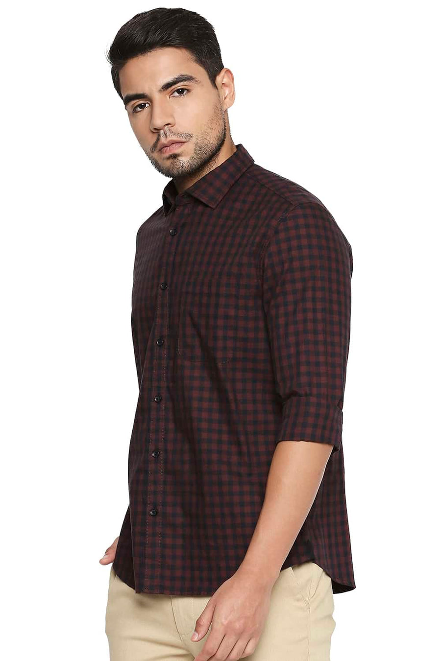 BASICS SLIM FIT RUBY MAROON CHECKS SHIRT