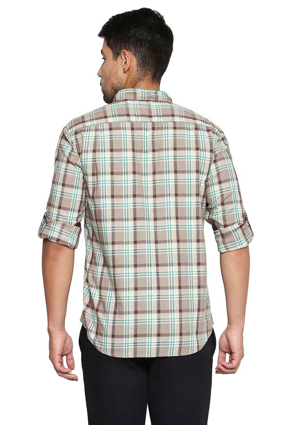 BASICS SLIM FIT WARM SAND CHECKS SHIRT