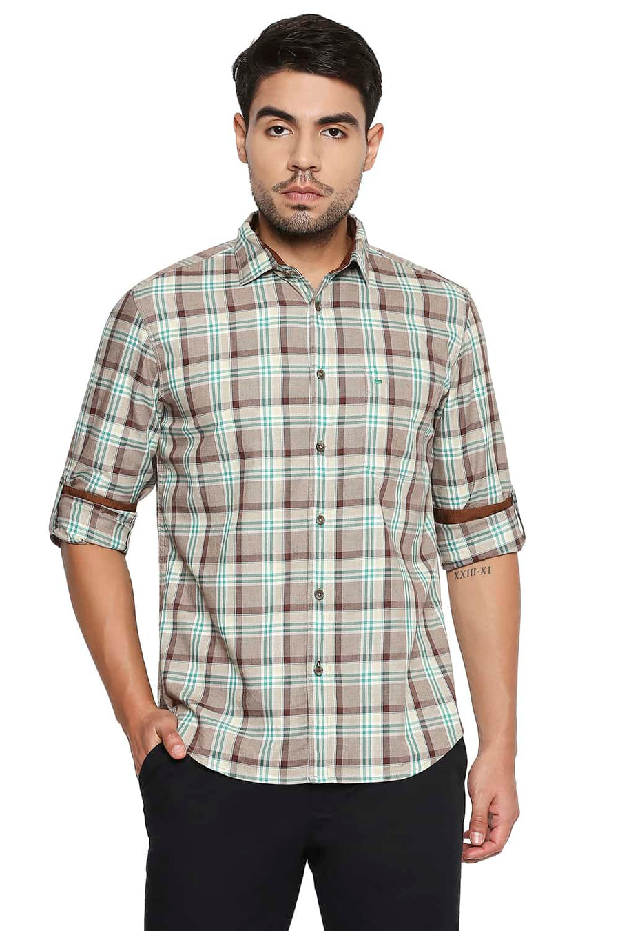 BASICS SLIM FIT WARM SAND CHECKS SHIRT