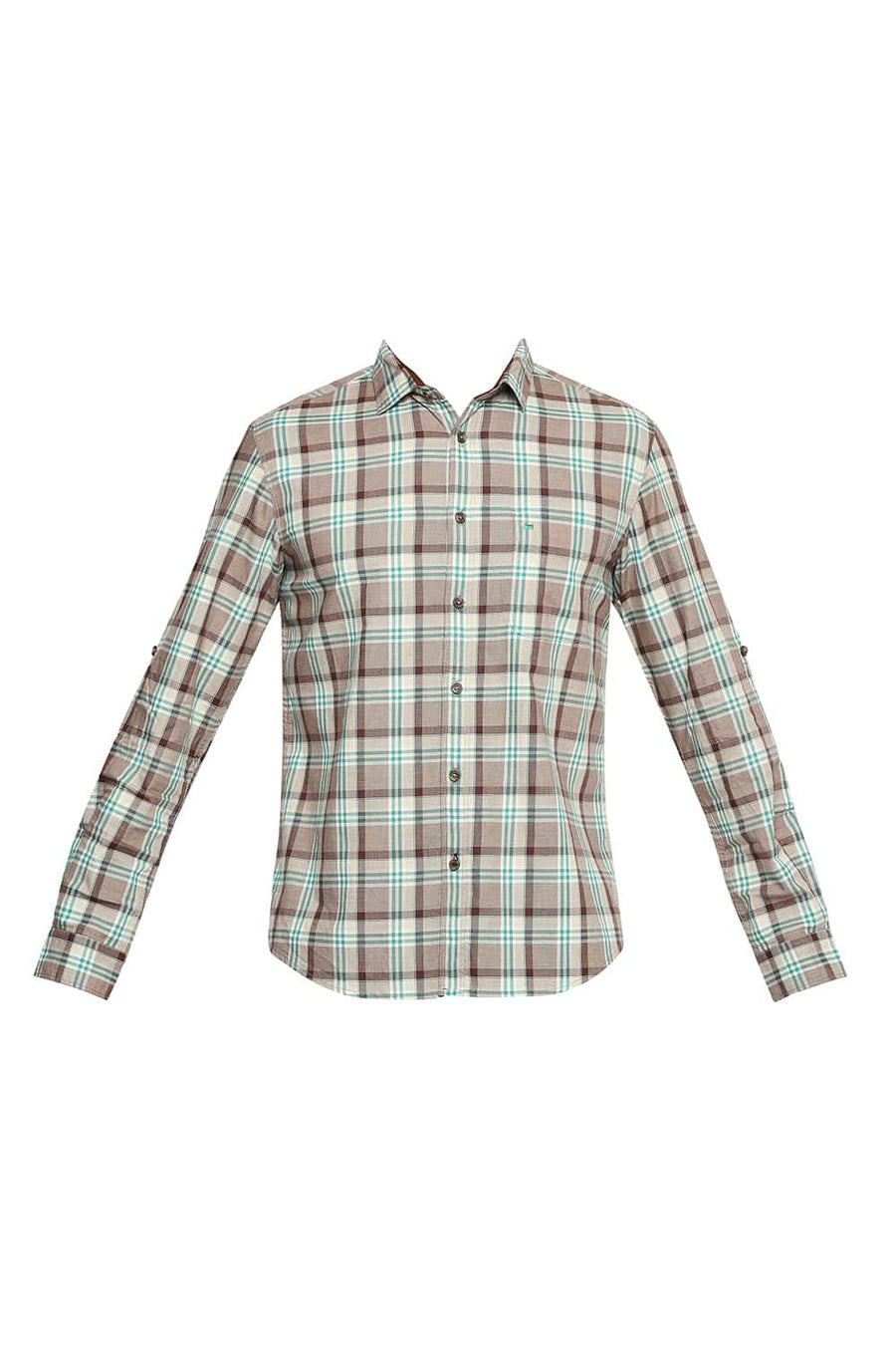 BASICS SLIM FIT WARM SAND CHECKS SHIRT