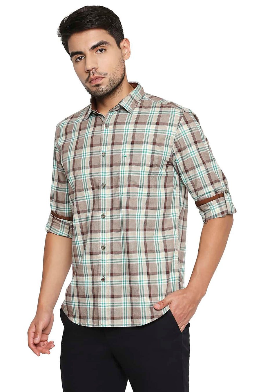 BASICS SLIM FIT WARM SAND CHECKS SHIRT