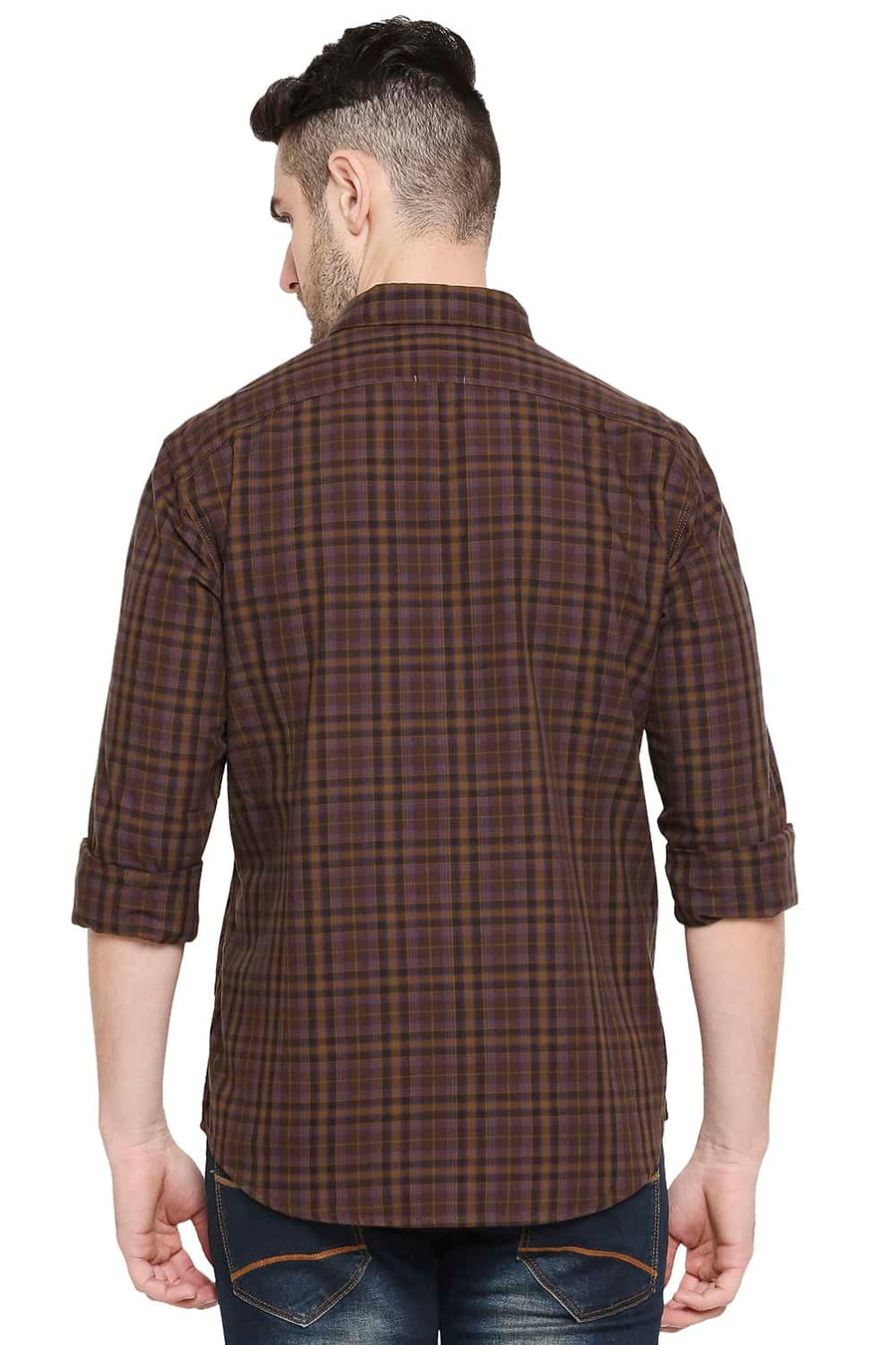 BASICS SLIM FIT TOFFEE BROWN CHECKS SHIRT