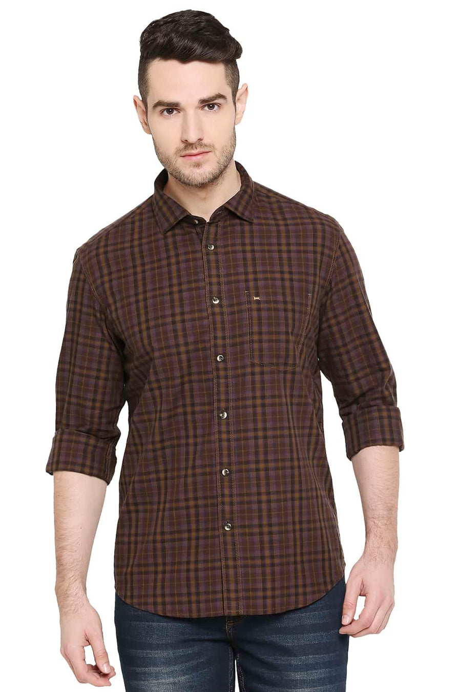 BASICS SLIM FIT TOFFEE BROWN CHECKS SHIRT