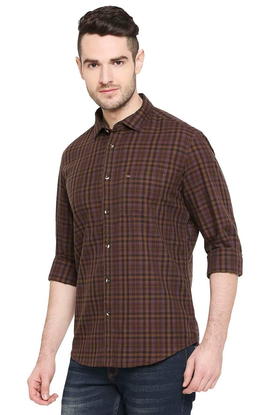 BASICS SLIM FIT TOFFEE BROWN CHECKS SHIRT