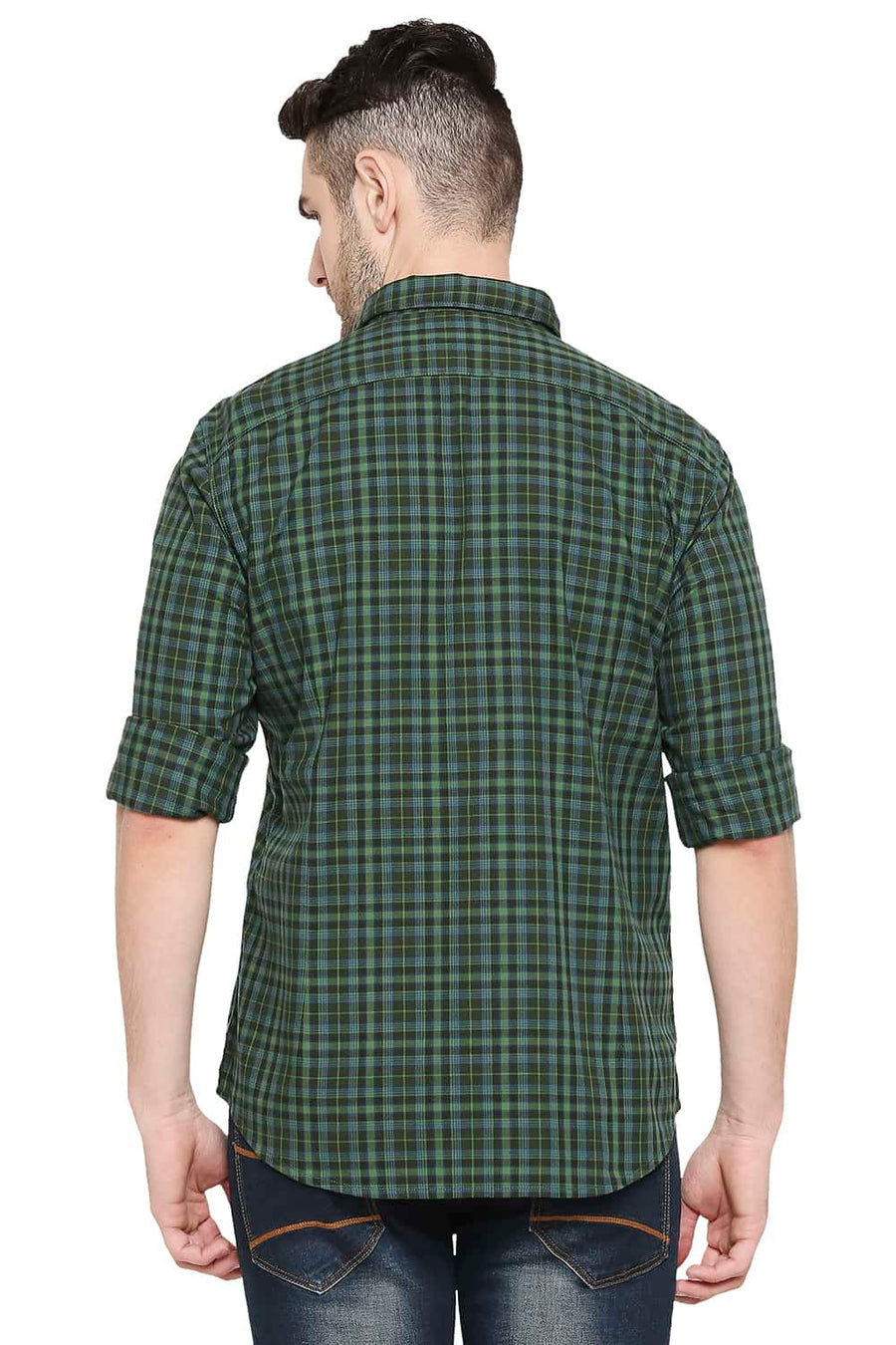 BASICS SLIM FIT KOMBU GREEN CHECKS SHIRT