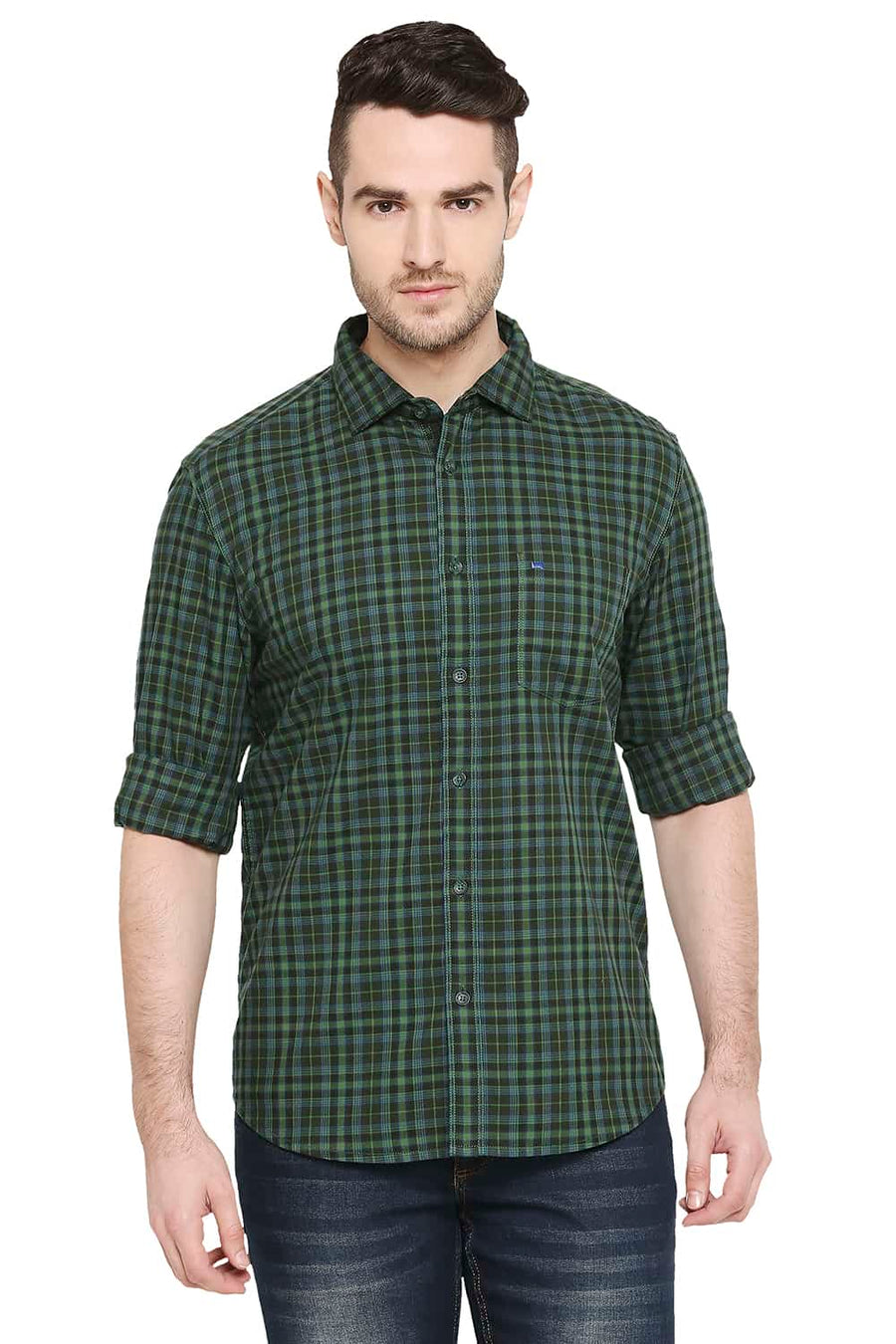 BASICS SLIM FIT KOMBU GREEN CHECKS SHIRT