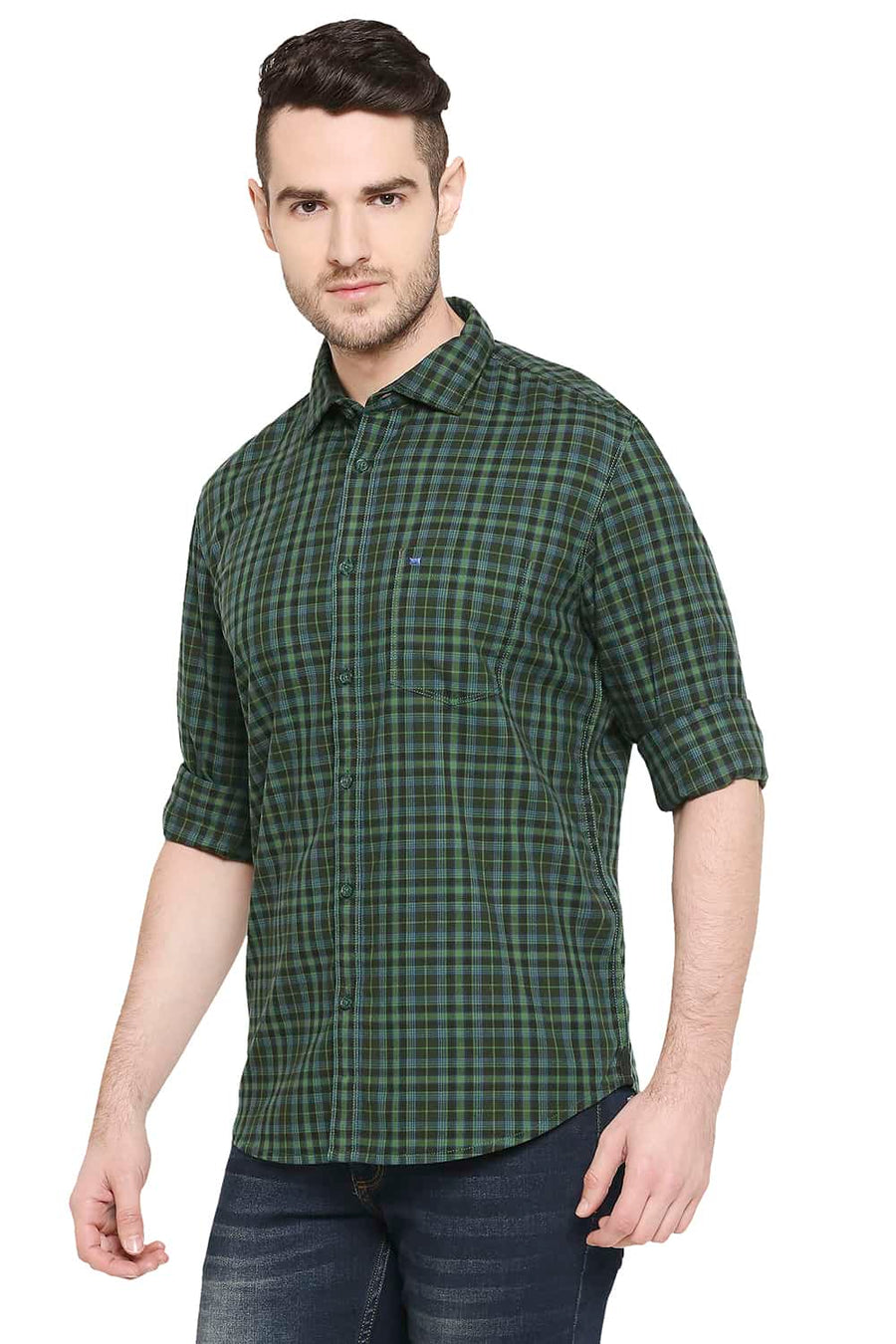 BASICS SLIM FIT KOMBU GREEN CHECKS SHIRT