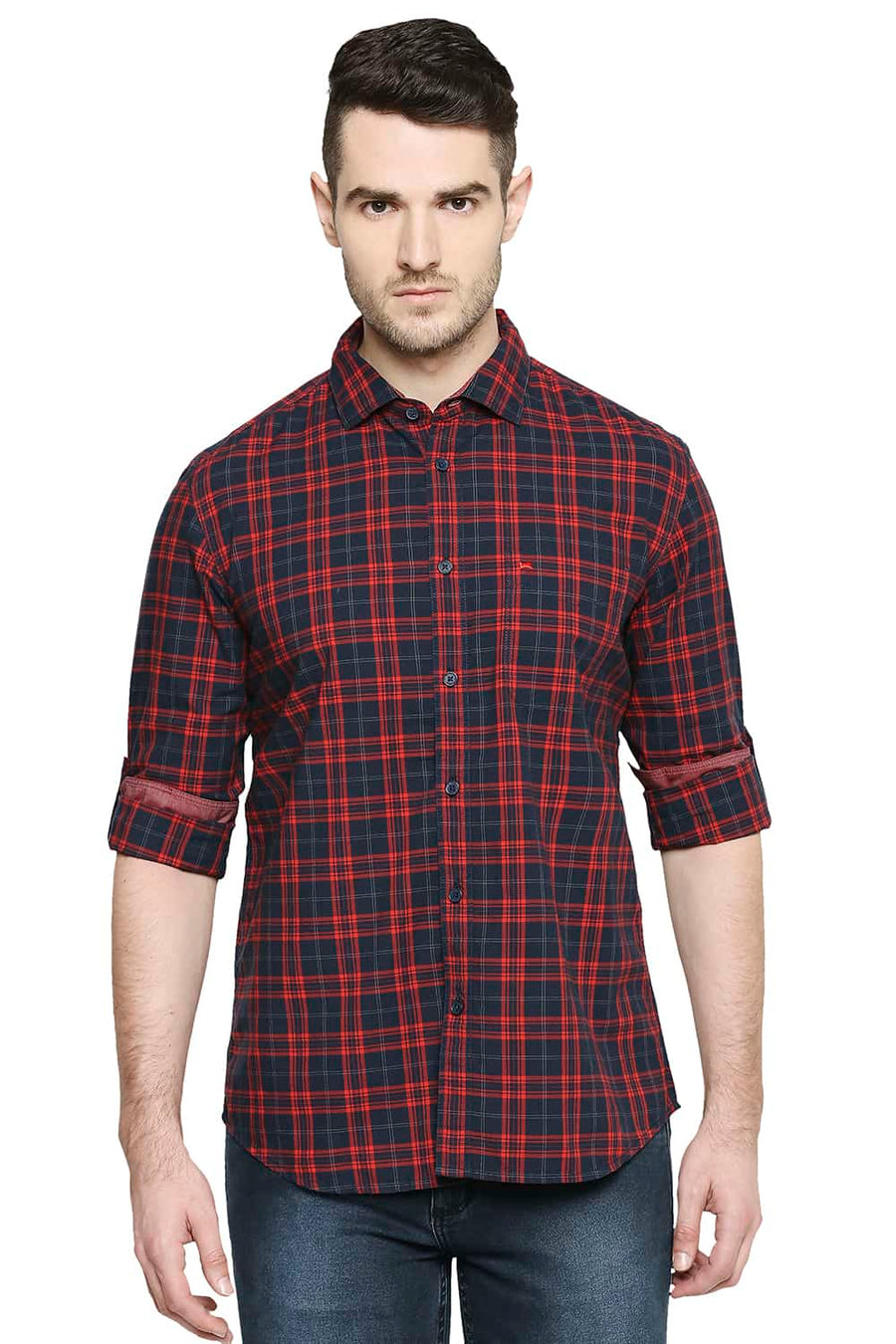 BASICS SLIM FIT FIERY RED CHECKS SHIRT