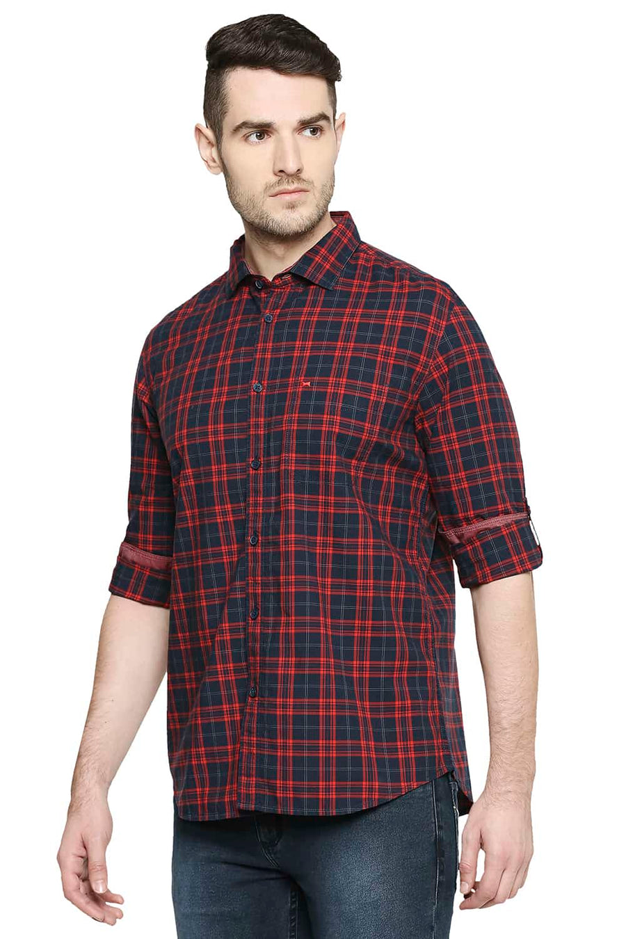 BASICS SLIM FIT FIERY RED CHECKS SHIRT