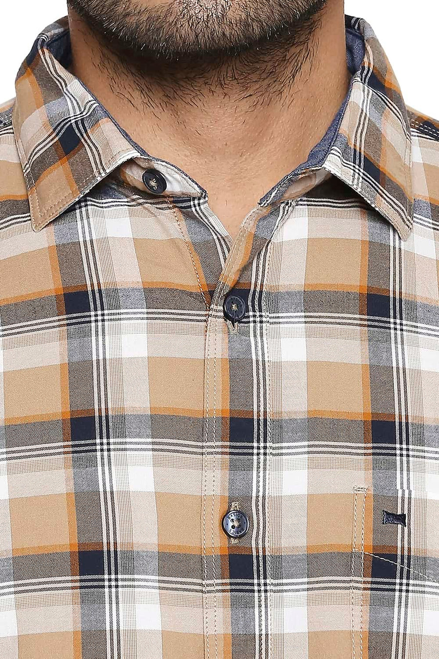 BASICS SLIM FIT CROISSANT BROWN CHECKS SHIRT