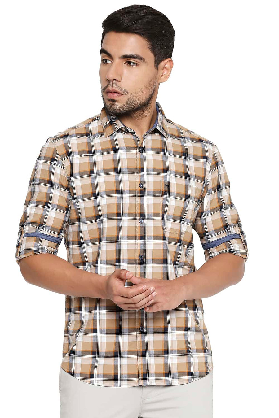 BASICS SLIM FIT CROISSANT BROWN CHECKS SHIRT