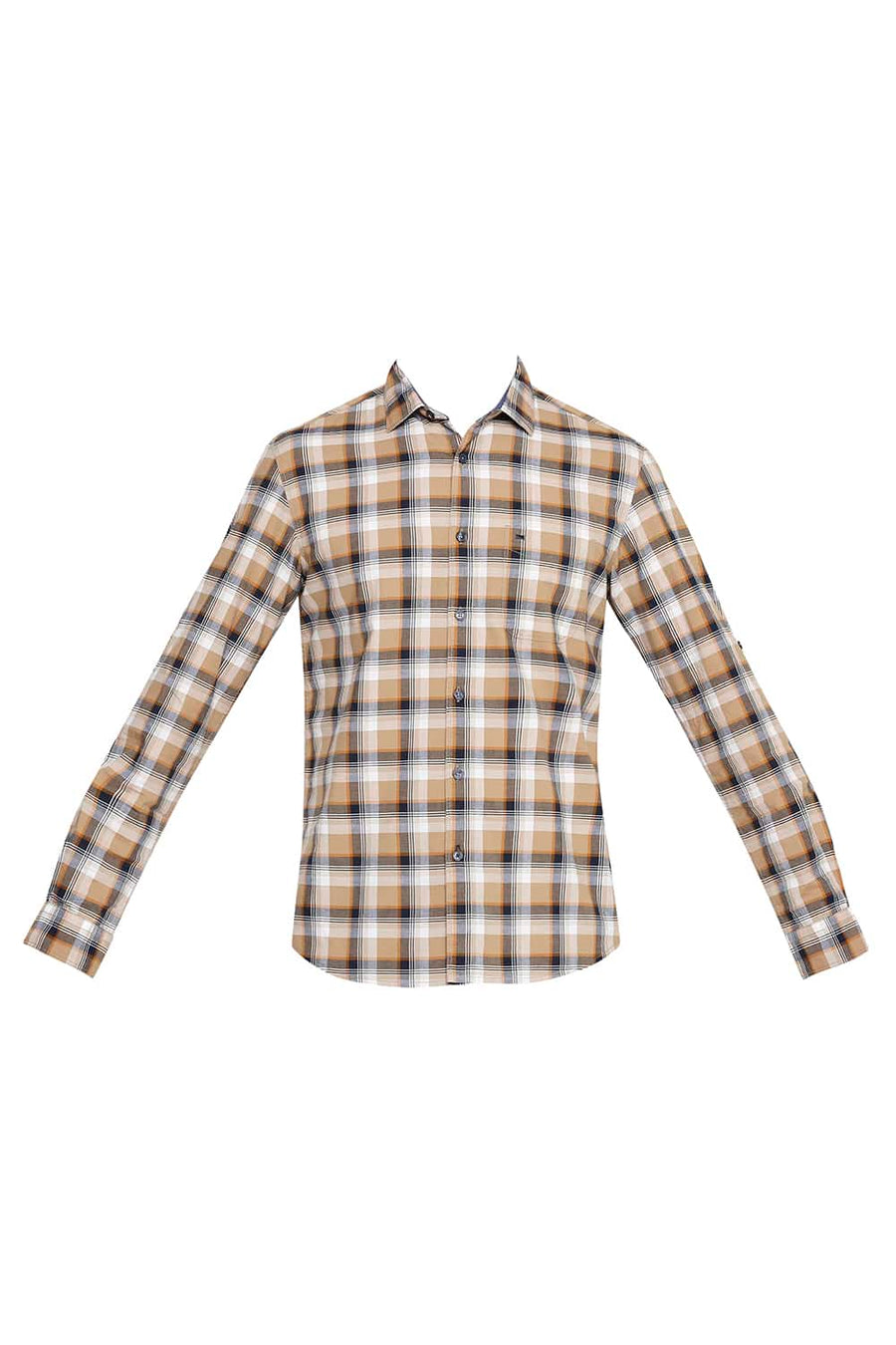 BASICS SLIM FIT CROISSANT BROWN CHECKS SHIRT
