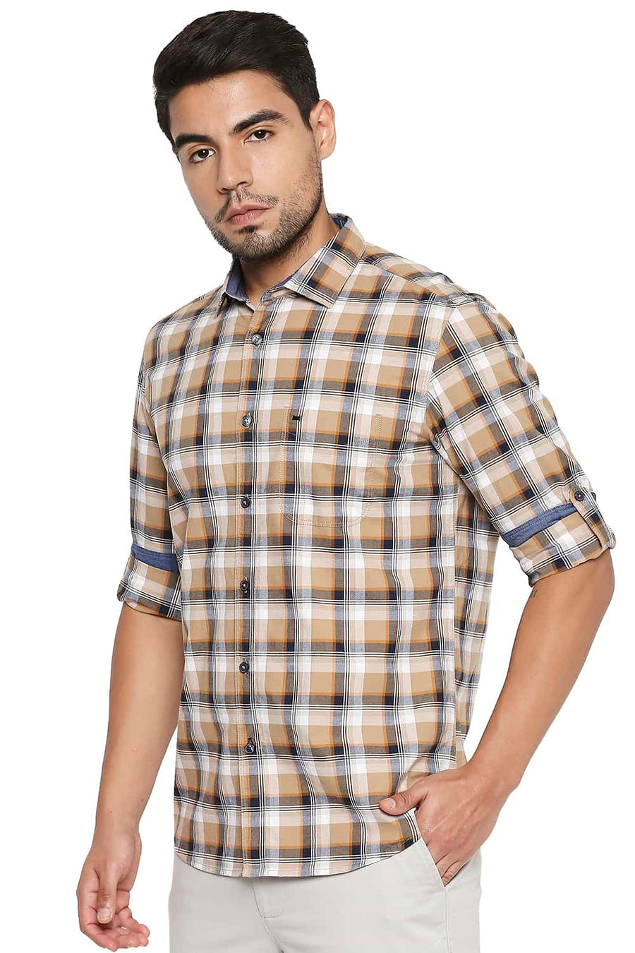 BASICS SLIM FIT CROISSANT BROWN CHECKS SHIRT