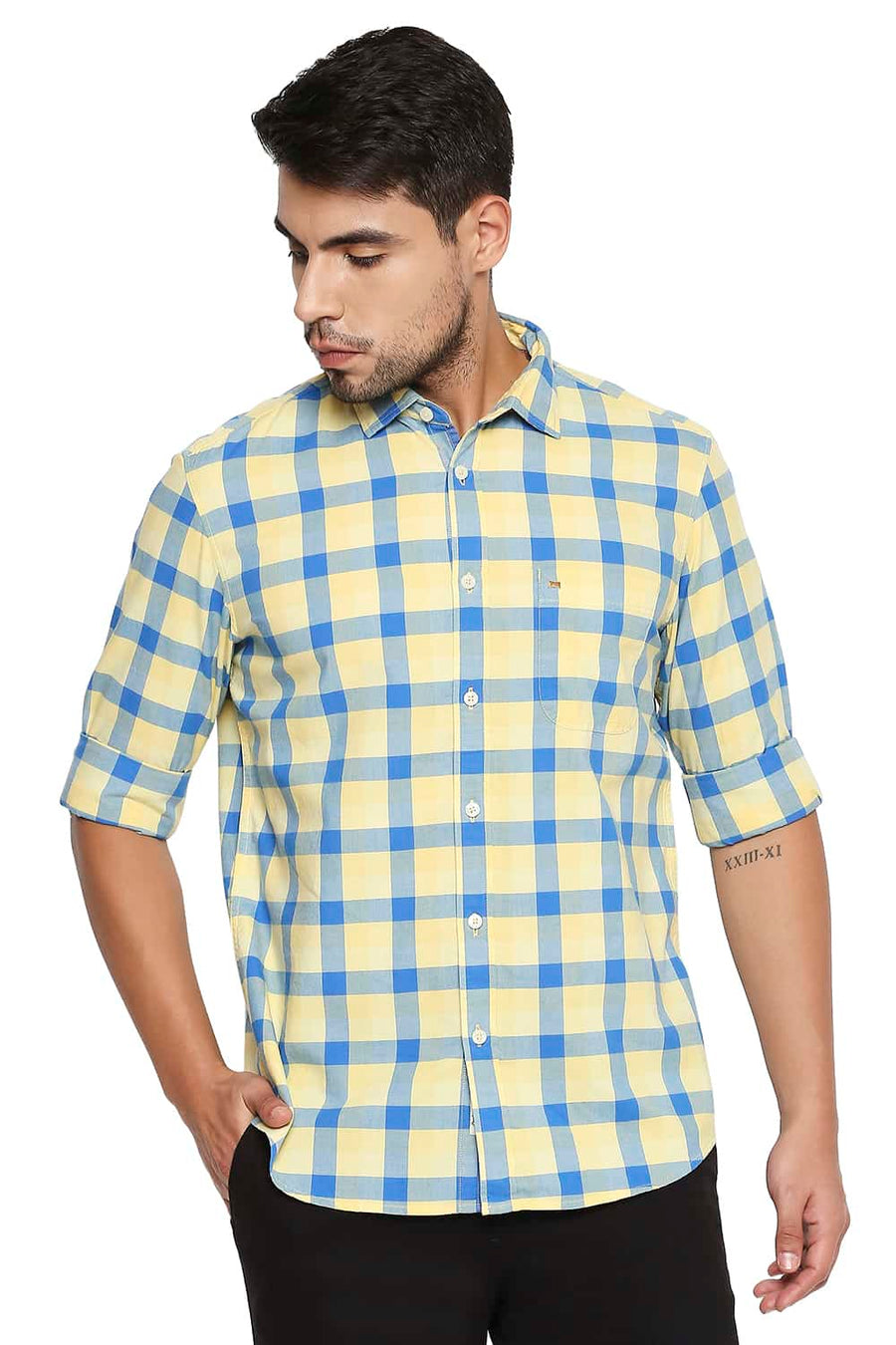 BASICS SLIM FIT MELLOW YELLOW CHECKS SHIRT