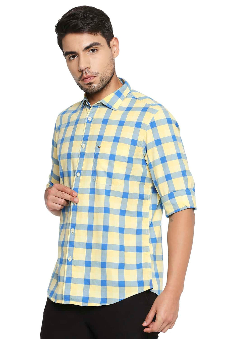 BASICS SLIM FIT MELLOW YELLOW CHECKS SHIRT