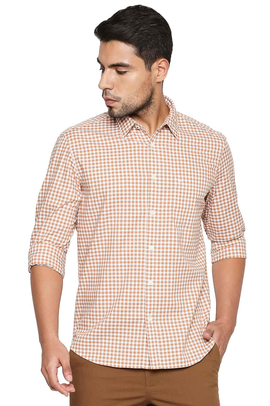 BASICS SLIM FIT BROWN SUGAR CHECKS SHIRT