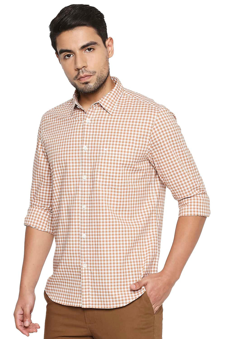 BASICS SLIM FIT BROWN SUGAR CHECKS SHIRT