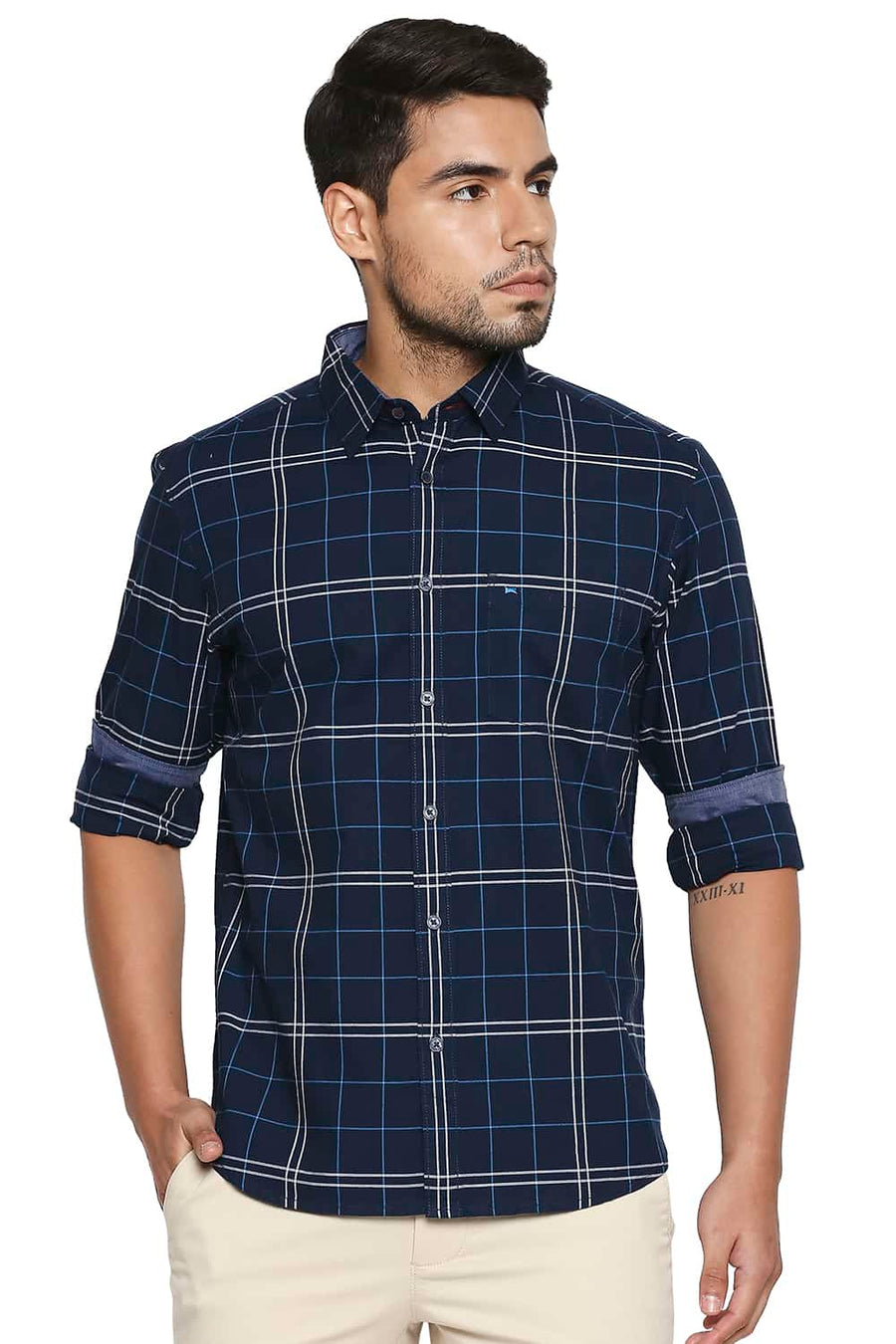 BASICS SLIM FIT NAVY IRIS CHECKS SHIRT