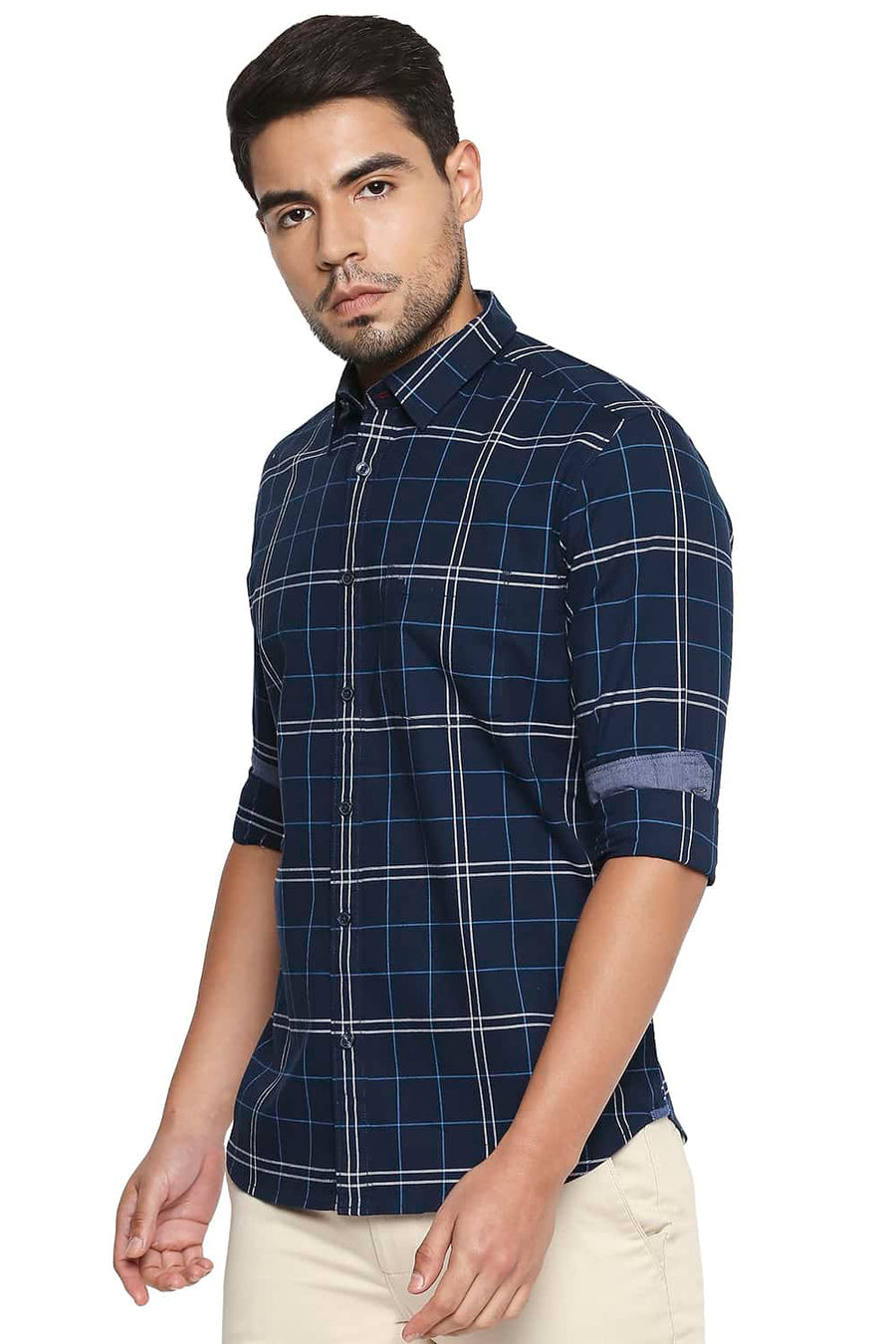 BASICS SLIM FIT NAVY IRIS CHECKS SHIRT