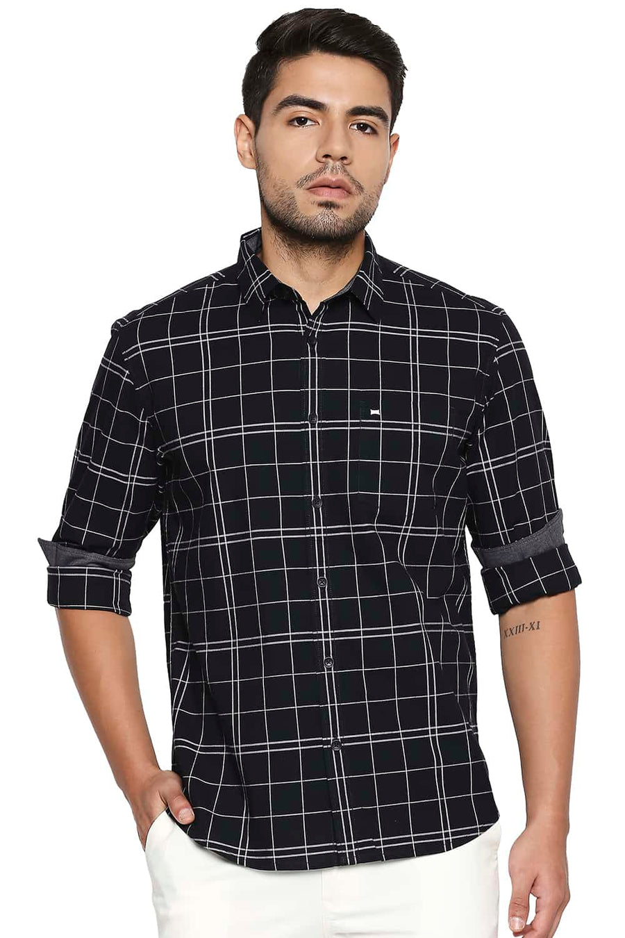 BASICS SLIM FIT JET SET BLACK CHECKS SHIRT