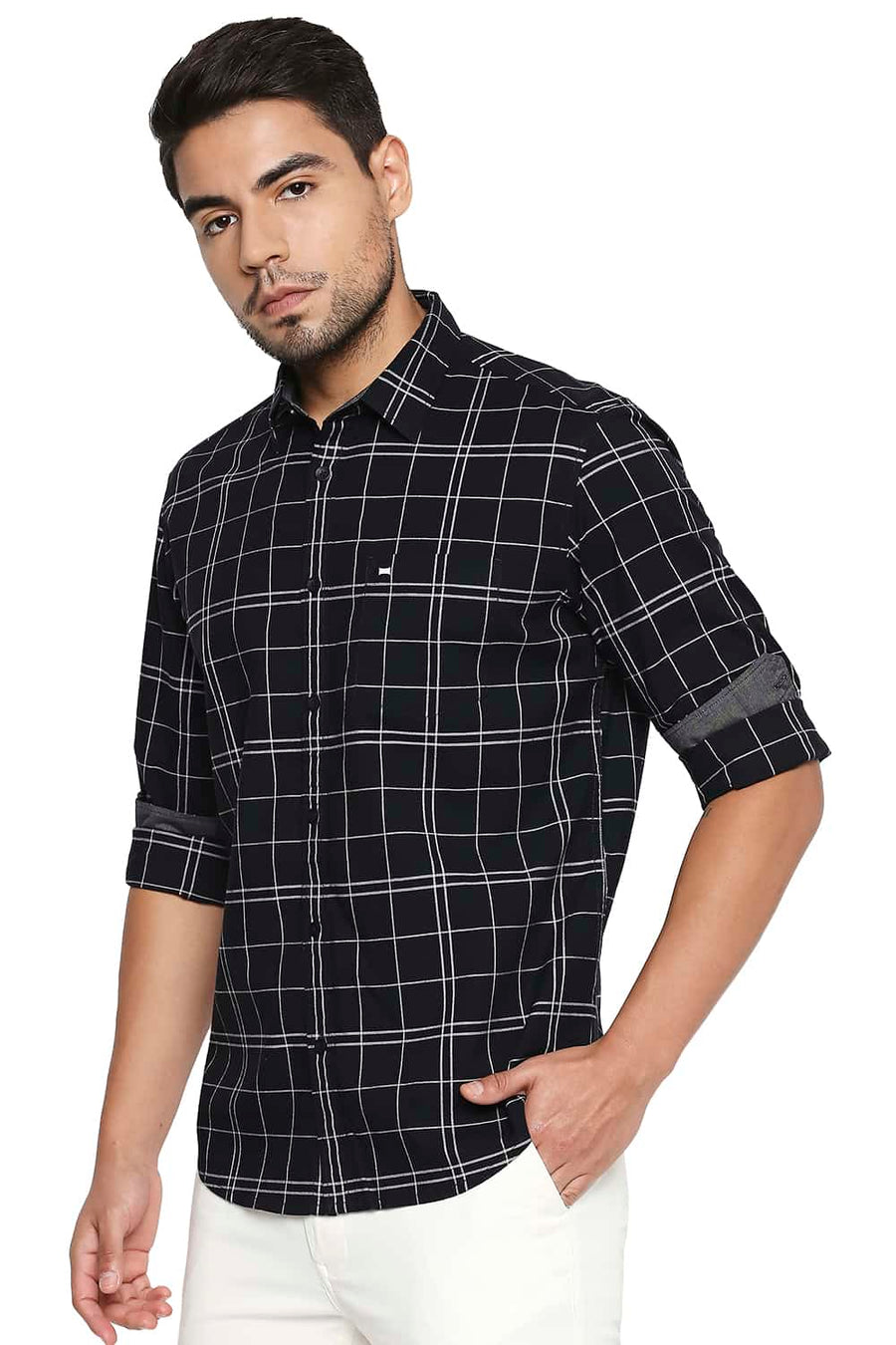 BASICS SLIM FIT JET SET BLACK CHECKS SHIRT