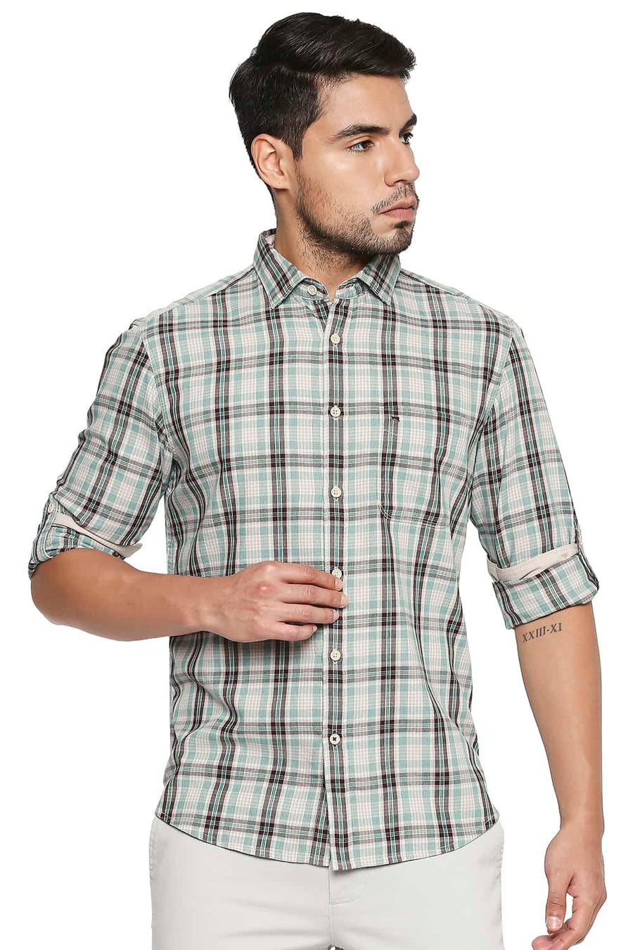 BASICS SLIM FIT BOTTLE GREEN CHECKS SHIRT