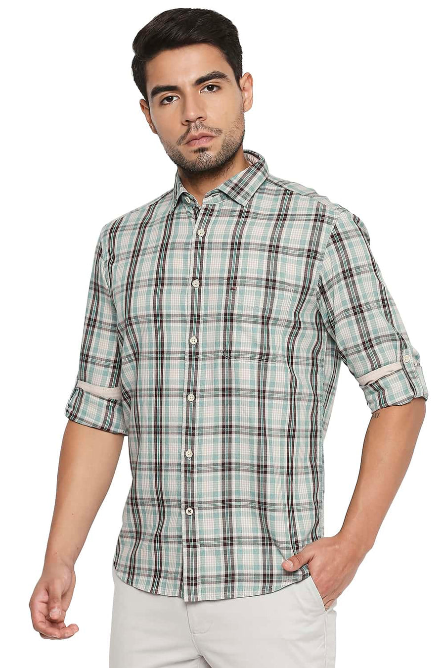 BASICS SLIM FIT BOTTLE GREEN CHECKS SHIRT