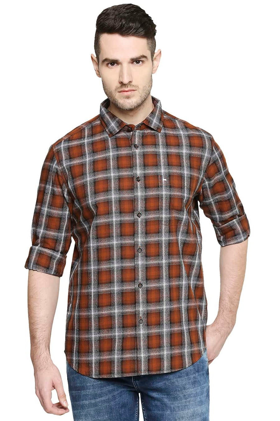 BASICS SLIM FIT GINGER BROWN CHECKS SHIRT